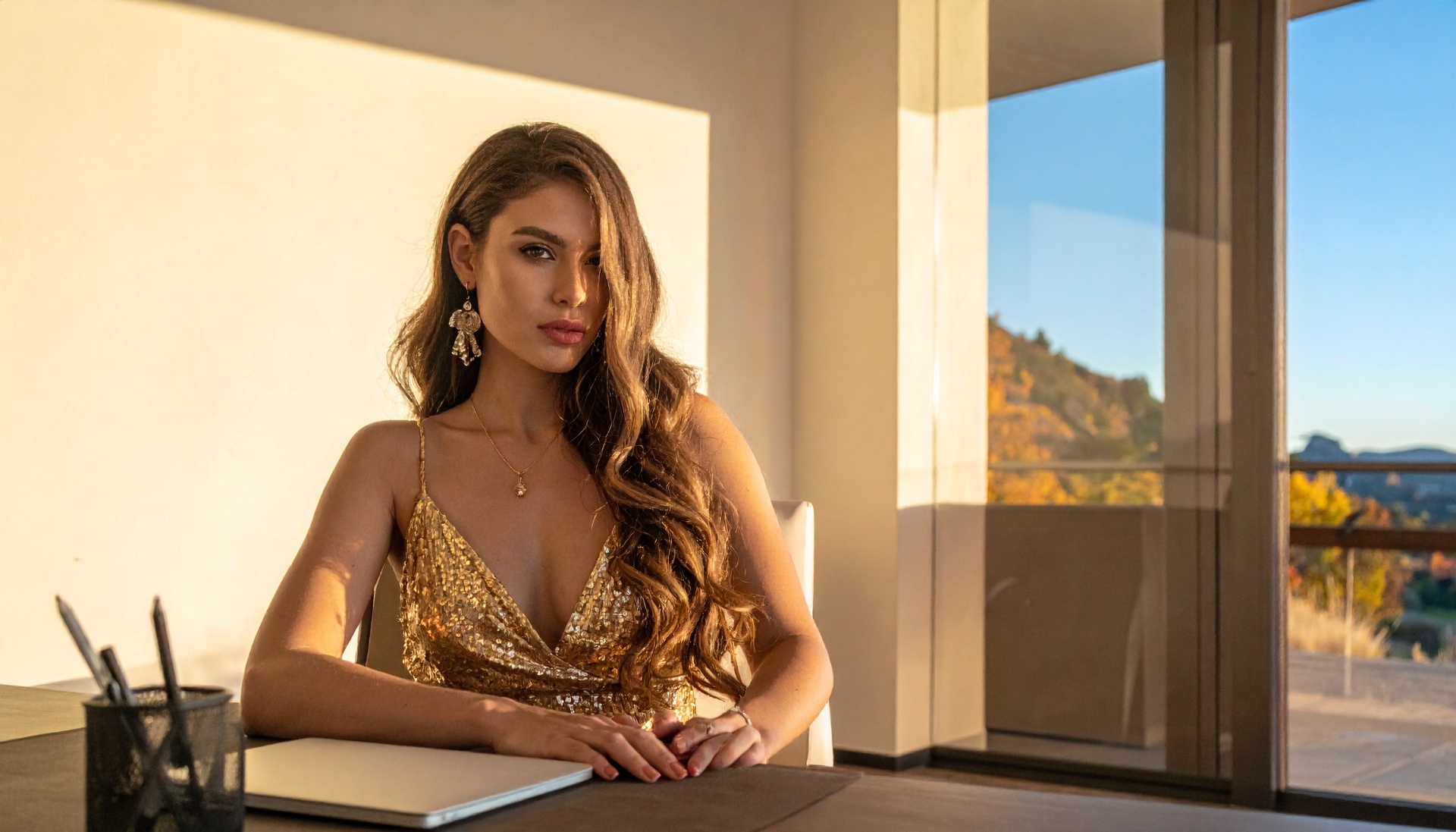 A woman in a sequined gown at a writing desk — the renewable input the spreadsheet never priced.