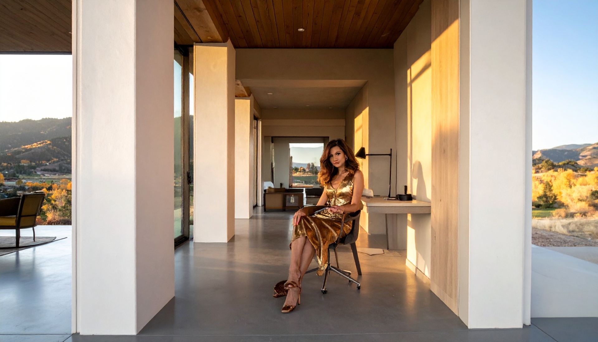 A woman in a golden dress at the edge of a sunlit corridor — what a culture worth showing up to looks like.