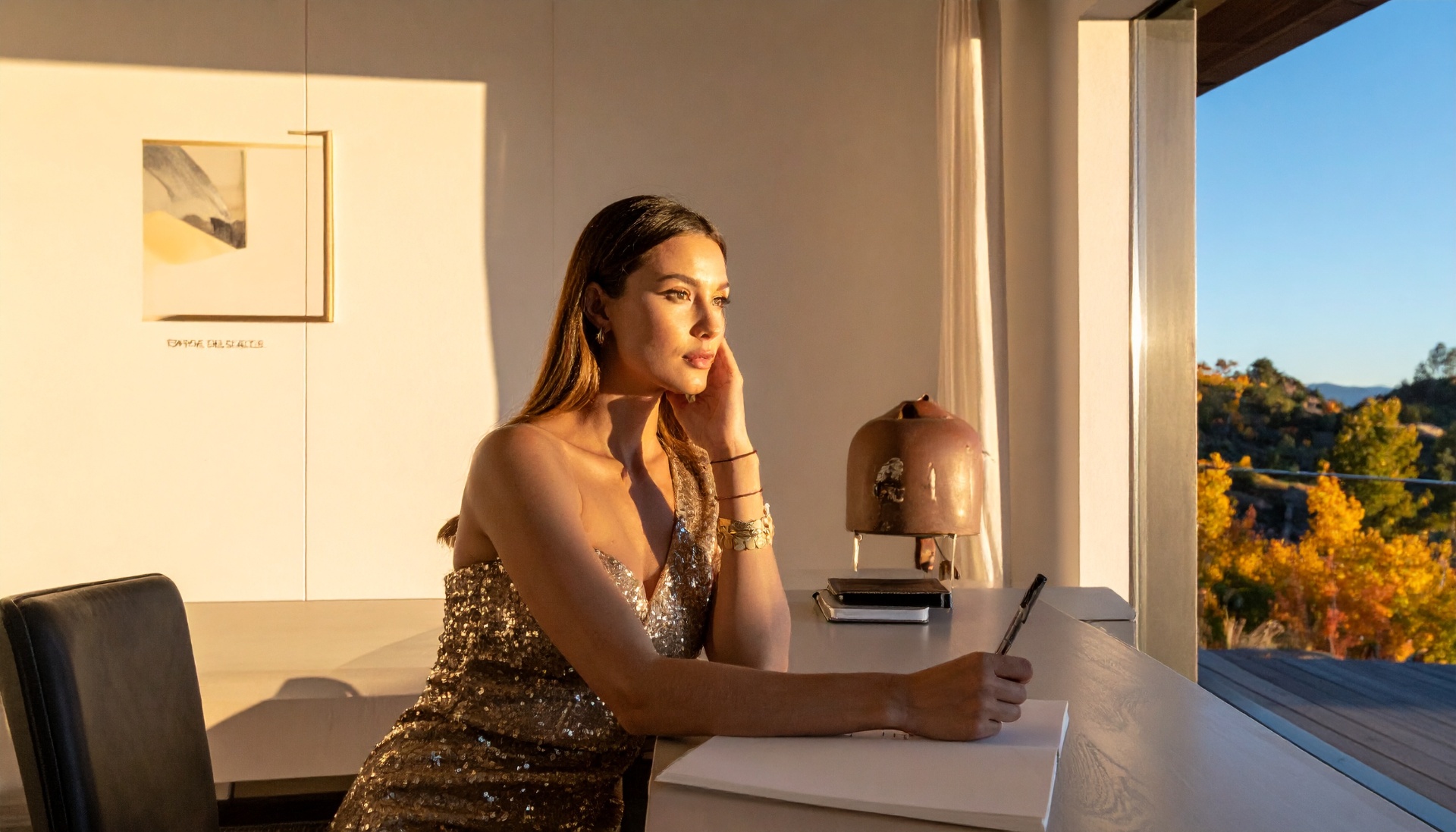 A woman at golden hour, hand to temple — the invoice, calmly itemised.