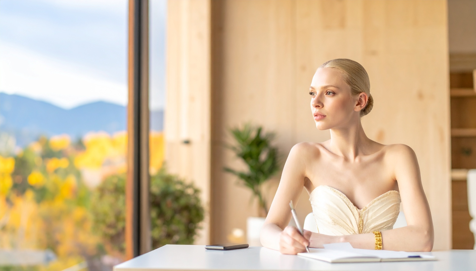 A composed writer at a desk, mountains beyond — the small ceremony Beatrice did not attend.